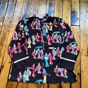 Natori Women’s Small Geisha Printed Button Top Caftan V-Neck Satin AOP Black
